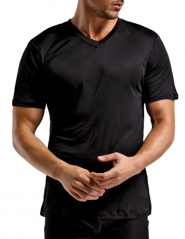 Seiden-T-Shirt V-Ausschnitt inSilk Silkbasics Schwarz